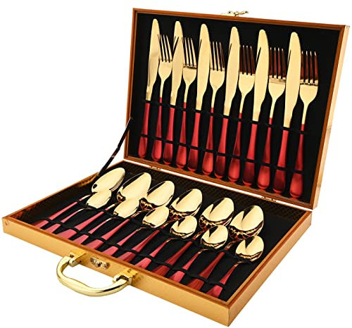 Couverts Ensembles Vaisselle En Acier Inoxydable 24 Pièces Couteau Fourchette Cuillère À Café Couverts De Table Coffret Cadeau Rose Argent