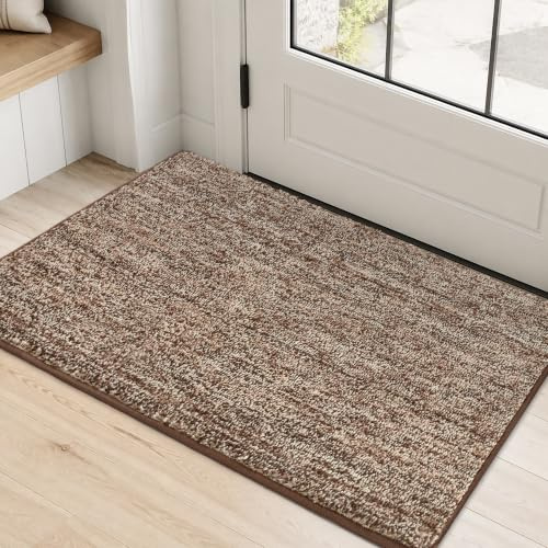 REFETONE Indoor Doormat, Front Door Mat 20x32 Absorbent Rubber Backing Non Slip Door Mats, Washable Low-Profile Inside Floor Mat Door Rugs for Entryway, Resist Dirt Mud Mat for Dogs, Coffee/Brown