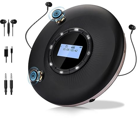 Tragbarer CD-Player Bluetooth wiederaufladbarer 1500mAh Auto CD-Player mit Bluetooth und Stereo Dual Lautsprecher Anti-Skip für Auto Zuhause Reisen persönlicher discman CD Player Tragbar