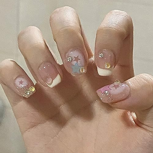 French Stick On Nails for Kids, Extra Short Press On Nails with Glue, 24pcs