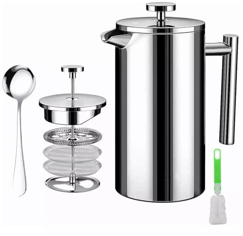 Ruspela Cafetera de prensa francesa de 8 tazas, 1000 ml, prensa de café de acero inoxidable de doble pared con sistema de filtración de 3 niveles, prensa de café versátil, prensa de té, cafetera