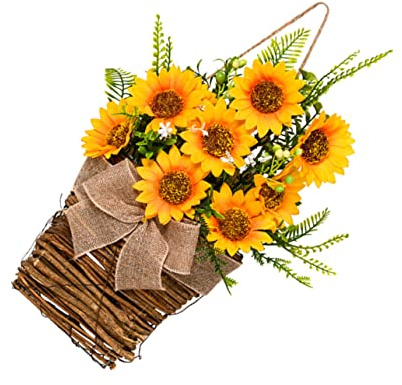 ABOOFAN Sunflower Wreath for Front Door Summer Decoration, Artificial Rustic Sunflower Garland with Basket, Seasonal Home and Office Wall Hanging,