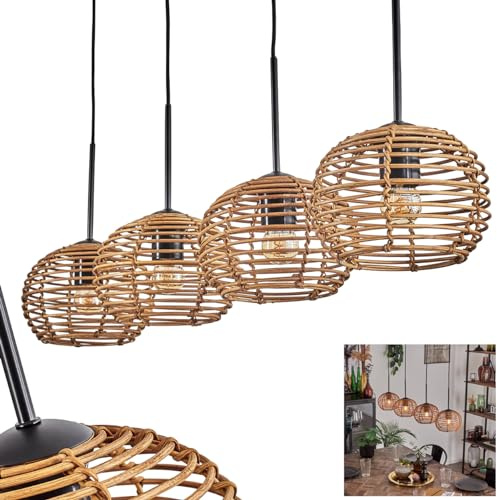 Pendelleuchte Mulstrand, moderne Hängeleuchte aus Metall/Rattan in Schwarz/Natur, Leuchte im Boho-Design mit Lichteffekt, Höhe max. 149 cm, 4-flammig, Ø Schirme 20cm, 4x E27-Fassung, ohne Leuchtmittel