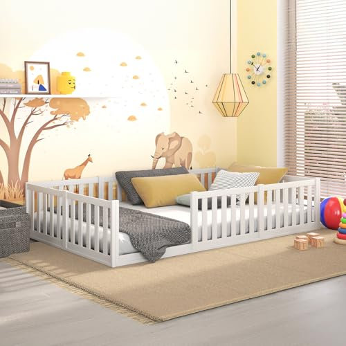 CADANI Teso Kinderbett 120x200 cm Montessori Bodenbett bis 200 kg belastbar mit Rausfallschutz inkl. Lattenrost, Kiefer Massivholz, weiß - 3 Aufbauvarianten