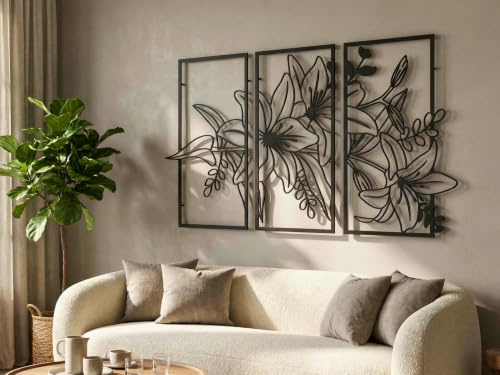 VAILLA Blumen Wanddeko aus Holz 3D – Wandbild Wohnzimmer Schlafzimmer Büro | MDF Sperrholz, Lasergeschnitten, Botanik Blüten, 5 Größen, Schwarz Grau Gold, personalisierbar, Esszimmer Küche Eingang Flur