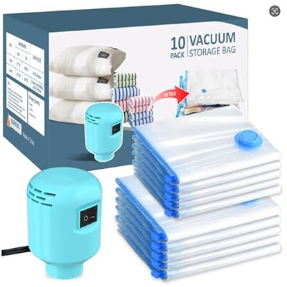 Vacuum Storage Bags, 10 Pack Vacuum Pack Bags for Clothes with Electric Air Pump (5 Large/5 Medium), Vacuum Bags, Space Saver Bags for Clothing Storage, Travel, Luggage, Suitcase Storage and Moving