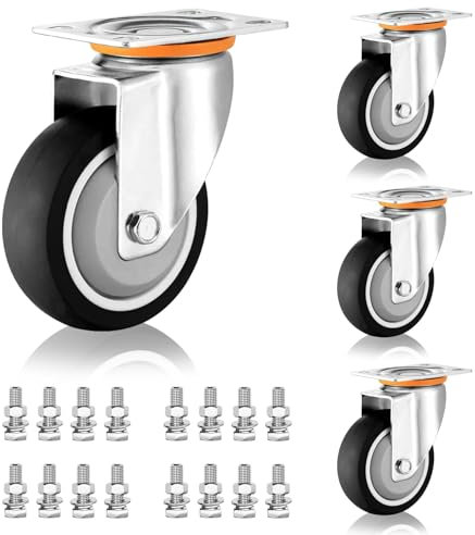 Schwerlastrollen Plattformwagen Ersatzrollen 75mm 100mm 125mm 4 Stück, Leise Thermoplastischer Gummi Möbelrollen, Platten Lenkrollen Mit Bremse, Tragfähigkeit 83KG Pro Rolle(Swivel+Swivel,125mm/5)