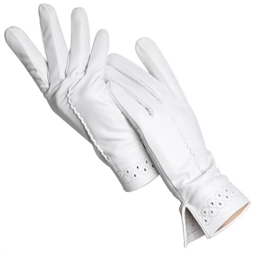 Damen Schaffell-Lederhandschuhe, Kaltwetterhandschuhe, hohles Handgelenk-Design, Leder, Fahrradhandschuhe, Weiß, Größe 8