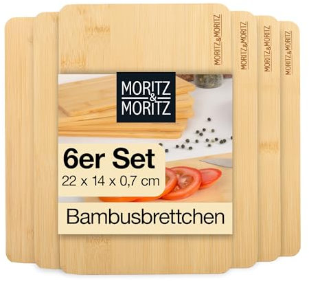 Moritz & Moritz Tabla de desayuno de bambú, juego de 6 tablas de cortar de madera, antibacterianas, resistentes y respetuosas con los cuchillos, versátil como tabla de madera para cocina, tabla de pan