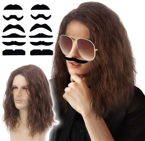 Braun Herren Perücke mit Bart und , Sonnenbrille,12 falschen Bärten,Hochwertige Herrenperücke im Hippie-Stil: Vielseitig einsetzbar, natürlich aussehend, inklusive Sonnenbrille und falschen Bärten