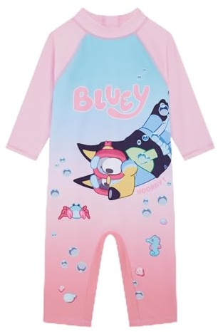 Bluey Official Girl's Swimsuit, One Piece Swimming Costume Sun Suit Featuring, Age 18 Months - 8 Years