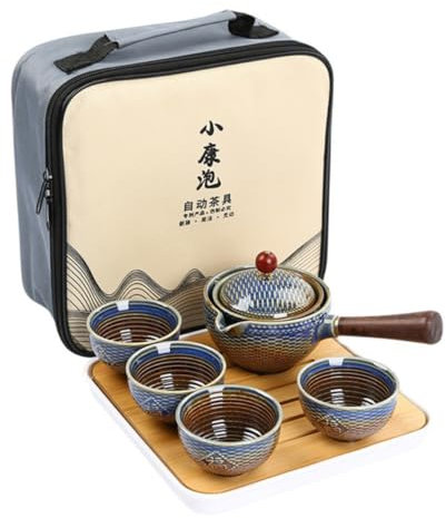 KICHOUSE Té Portátil Kit De Cerámica Tazas Bandeja Giratoria Bolsa De Almacenamiento Diseño Único Resistente para Regalos y Uso Casa u Oficina