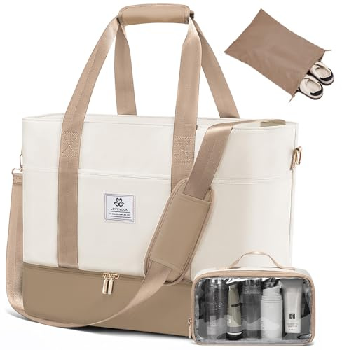 LOVEVOOK Resväska dam, vattentät weekend resa duffelväska med skofack, klinikväska födsel mamma handbagage väska bastuväska gym sportväska träningsväska för resor Ryanair, beige + khaki, 42L, Resväska