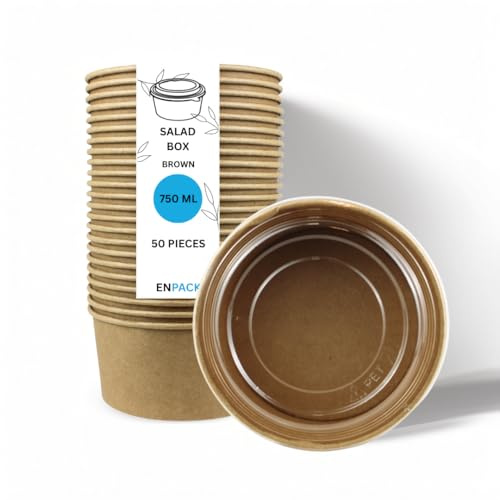 Enpack - 750ml Pappschalen für Lebensmittel aus Kraft Papier mit RPET Deckel 50 Stück - Einweg Papp-Salatschale mit PLA Innenbeschichtung - Bio-Schale für Salat, Suppen, Snacks kompostierbar