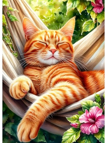 DPHERO DIY Schlafende Katze Diamant Painting Kits Bilder für Erwachsene Anfänger,5D Hängematte Diamond Painting Set,DIY Runde Steine Kitten Diamant Kunst Kits, Diamant Art für Zuhause Dekor 30x40 cm