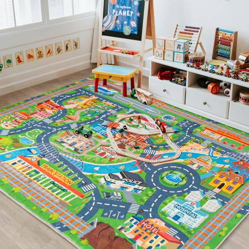 plumlik Car Rug Play Mat for Kids Toy Cars, Road Traffic Playmat for Kid Bedroom, Non-Slip Machine Washable Town City Race Track Carpet for Learn and Have Fun 3'x4'/ 36x48