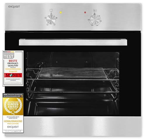 Exquisit Einbaubackofen | 62 l Garraum, Energieeffizienzklasse A, 2200 W Gesamtleistung | Ober- und Unterhitze, separate Oberhitze, Temperaturbereich 50–250 °C, Drehknopf-Bedienung | EBE 455-1.1