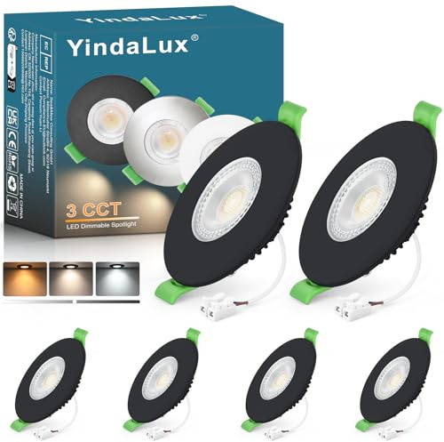 YindaLux 6x LED Einbaustrahler 230V Dimmbar 7W IP44 Schwarz Loch 60-75 mm | 700lm, IP44, ultraflach, 3 Lichtfarben 2700K/4000K/6000K, 38° Abstrahlwinkel, Flimmerfrei, für Bad, Küche und Wohnzimmer
