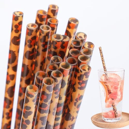 EJRUP Paquet de 12 pailles à thé à Bulles Réutilisables,Pailles Plastique,Pailles Imprimé Léopard,23 cm,Pour Frappés Jus Cocktails Boissons Chaudes