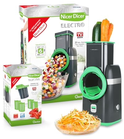 Nicer Dicer Electro Gemüsehobel elektrisch Deluxe Set 32 tlg, Gemüseschneider automatisch, Käsereibe für Gemüse, Obst, Nüsse, 9 Extrascharfe Einsätze, Einfache Reinigung, Leistungsstark