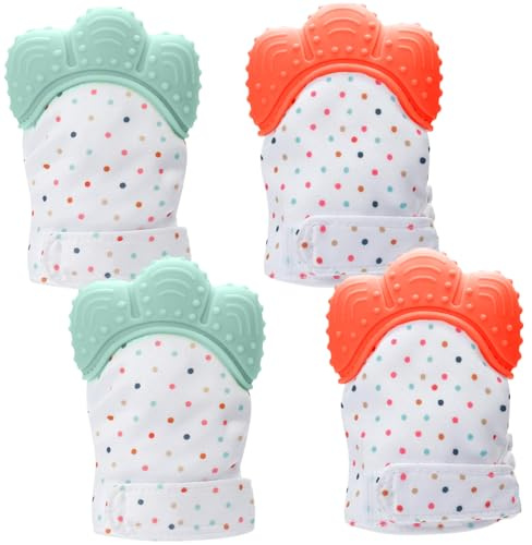 2 Pairs Teething Mittens, Adjustable Food Grade Silicone Baby Teething Mitten Built-in Phonic Membranc, Sensory Stimulating Glove for 3-6 Months Baby Mitten