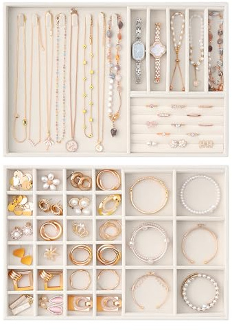 Lolalet Samt Schmucktablett Organizer, Stapelbar Schmuck Schublade Schmuck Organizerblett Schmuckaufbewahrung für Halskette Ohrringe Ringe -Beige, 2 Lagen