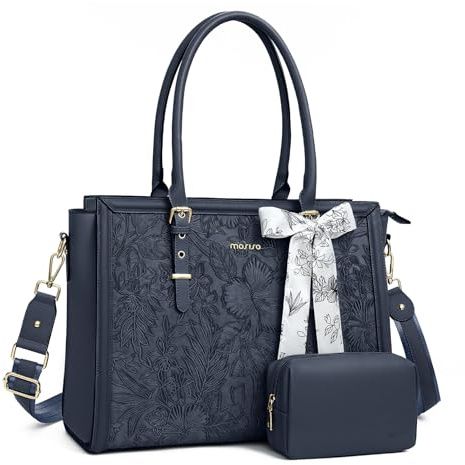 MOSISO Sac Ordinateur Femme 17-17,3 Pouces avec Écharpe Soie&Pochette | Sac Fourre-tout Cuir PU Compatible avec MacBook,HP Dell Asus,Sac PC Portable Rétro Hibiscus Gaufré,Brume Bleu