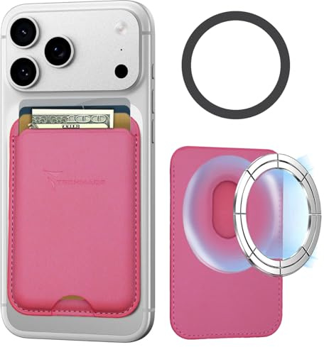 TECHMADE Korthållare kompatibel för iPhone, adapterring ingår - plats för 3 kort eller kontanter, snabbt utdragningssystem - RFID-blockering, veganskt konstläder, Fuchsia, En storlek passar alla