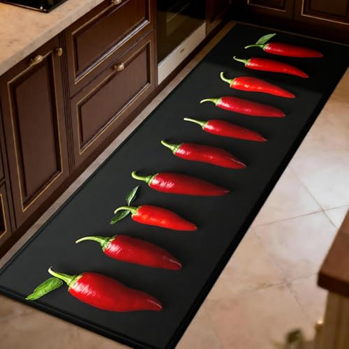 Küchenteppich 55 x 180 cm Chili-Textur des Gewürzes rutschfest & waschbar, wasseraufsaugender Rot Küchenvorleger für Küche, Kühlschrank, Restaurant
