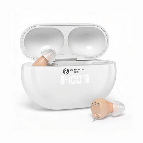 JD Health Tech Rechargeable Hearing Amplifiers for Adults, Discreet In-Ear Sound Amplifier with App Control, Bluetooth 5.3, Smart Noise Cancellation, 4 Listening Modes, 70hr USB-C Case