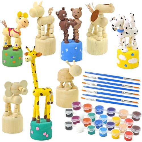 Tazuxetuqe Kits de manualidades para todas las edades con pinturas y 8 pinceles, sets de madera DIY para niños y niñas, figuras de madera sin tratar para pintar – ideales como recuerdos y regalos