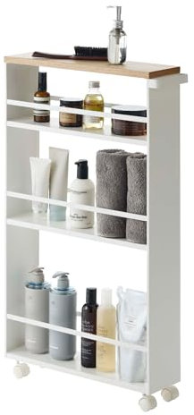 Yamazaki 3627 TOWER Schmaler Rollwagen mit Griff, weiß, Stahl/Holz, minimalistisch, 13 x 47.5 x 80.5 cm