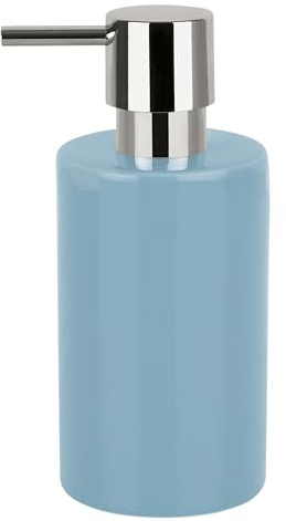 Spirella Distributeur de Savon Liquide „Tube“ Céramique Distributeur de Lotion avec doseur en ABS chromé Capacité 300 ML (ØxH): 7 x 16 cm - Bleu Clair