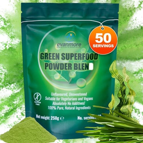 Super Greens Powder Blend - Vitamin Mineral Nutrient Rich - Immune System & Energy Boost - Vegan Vegetarian Superfoods Supplement Alkaline 100% Natural Gluten Free Detox- 250g 50 Servings, Evanmore