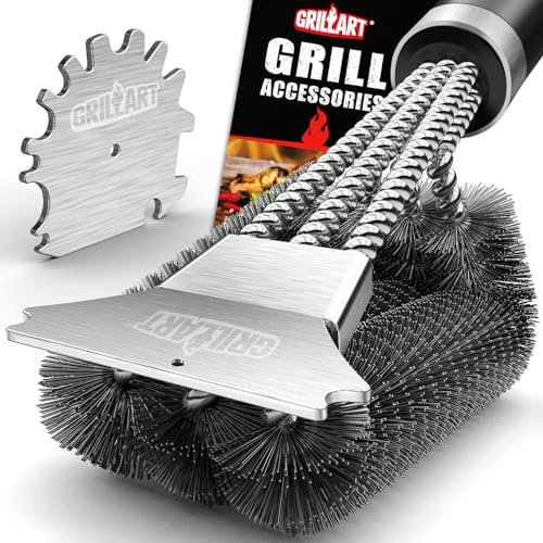 Grillart - Spazzola per barbecue e raschietto, 45,5 cm, con setole metalliche e doppio raschietto, per la pulizia di griglie di barbecue a gas/carbone, accessori per barbecue universali
