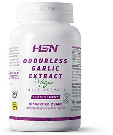 HSN Extracto Ajo Blanco 10mg Sin Olor ni Sabor | 120 Perlas Vegetales | 2000mg equivalencia Diente de Ajo (Allium sativum) por Dosis Diaria | 100x Veces Más Concentrado | No-GMO, Vegano, Sin Gluten