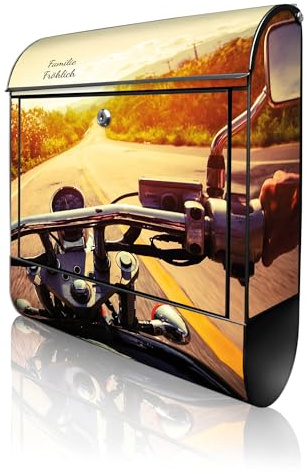 banjado Design Briefkasten personalisiert 38,5x46,5x13cm & 2 Schlüssel - Briefkasten Stahl Schwarz Zeitungsfach pulverbeschichtet - Postkasten A4 Einwurf inkl. Montagematerial - Motiv Easy Rider