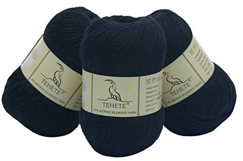 TEHETE Wolle zum Stricken und 35% Merinowolle Handstrickgarn, 3 Bälle x 50g, weich und leicht-Schwarz