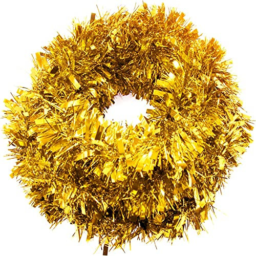 ESINO 6M Gold Christmas Tinsel Garland, Fluffy and Shiny Tinsel for Xmas tree, Metallic Chunky Tinsel for Xmas Party Backdrops Wall Garland Tree Indoor and Outdoor Decor
