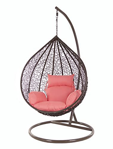 KIDEO Korbsessel: XXL Hängesessel mit Gestell & Kissen, Poly-Rattan, braun, groß (Kissen: Nest pink [3400 Coral])