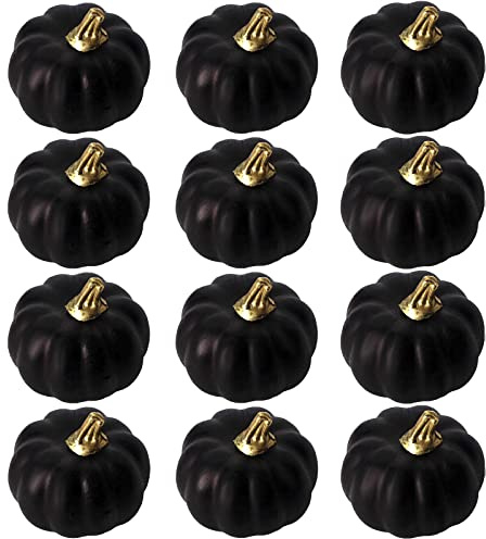 12Pcs Black Autumn Artificial Pumpkins Set,Bulk Decoration Faux Harvest Pumpkin Fake Mini Foam Pumpkins,Halloween Pumpkin Decoration for Crafts Fall Wedding Halloween Party Decor Home Decoration