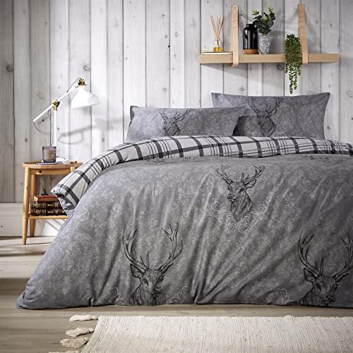 Olivia Rocco Stag Duvet Cover Set Cosy Highland Cotton Rich Quilt Covers Reversible Check Premium Bedding Bed Linen Sets, Single Grey