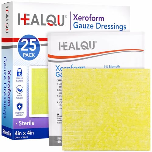 HEALQU Medical Xeroform Petrolatum Dressing 4x4-25-Count - Non-Adherent Gauze Pad for Low Exudating Wounds - Fine Mesh Gauze Patch Sterile for Wound Care Lacerations, Burns & Skin Grafts
