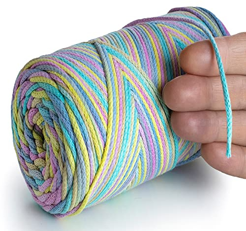 MeriWoolArt® Makramee Garn 2 mm x 250 m Baumwollkordel, recyceltes weiches Baumwollgarn für das Stricken von Pflanzenhängern, Schmuckherstellung, Häkeltaschen (29 Unicorn, 2mm)
