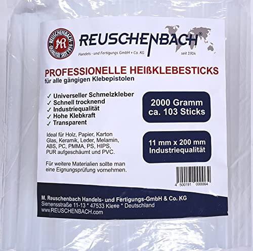 REUSCHENBACH Heißklebesticks Ø11 x 200 mm, Klebestifte in Industriequalität | Extra starke Haftung für Holz, Metall, Kunststoff, Keramik, Leder & DIY-Projekte (2 kg)