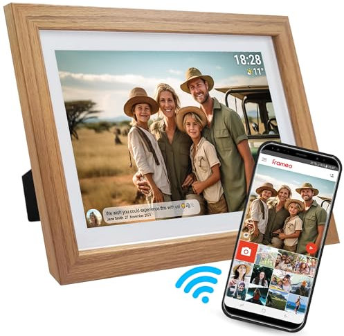 Denver Digitaler Bilderrahmen Holz 10,1 Zoll mit WLAN - FRAMEO Digital Photo Frame mit Touchscreen & 16 GB Speicher - Elektrischer Bilderrahmen mit App‑Steuerung - USB & microSD - Light Wood