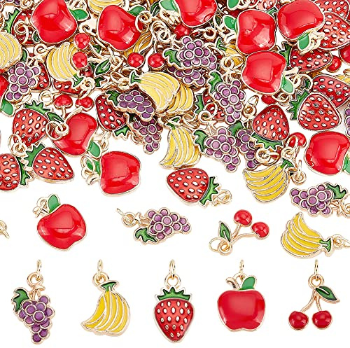 DICOSMETIC 100 Stück Emaille Frucht Charms Erdbeer Charme Vergoldete Legierung Charms Äpfel Charme Kirsche Anhänger Mit Biegeringen Für DIY Ohrring Halsketten Armbänder Schmuckherstellung
