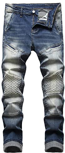 Oanviso Jean de Droit Plissé pour Homme Slim Stretch Pantalon en Denim Décontracté Poche Jeans avec Fermeture Éclair Boutonnée Déchiré Jeans Punk Hip Hop Jeans Mode Confortable Jeans B Bleu M