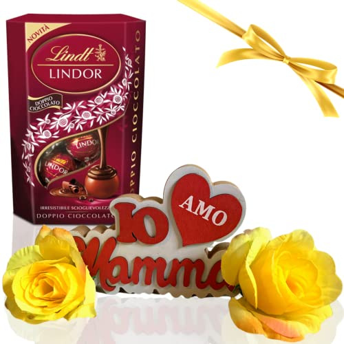 IdeaRegalo Festa della Mamma 2025-200g Doppio Cioccolato + Soprammobile Legno Con Scritta Mamma + Rose Gialle