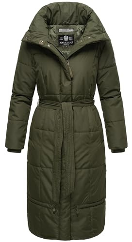 Navahoo Damvinterkappa, varm quiltad kappa, extra lång med bälte, Mirenaa S-XXL, Mörk oliv, M